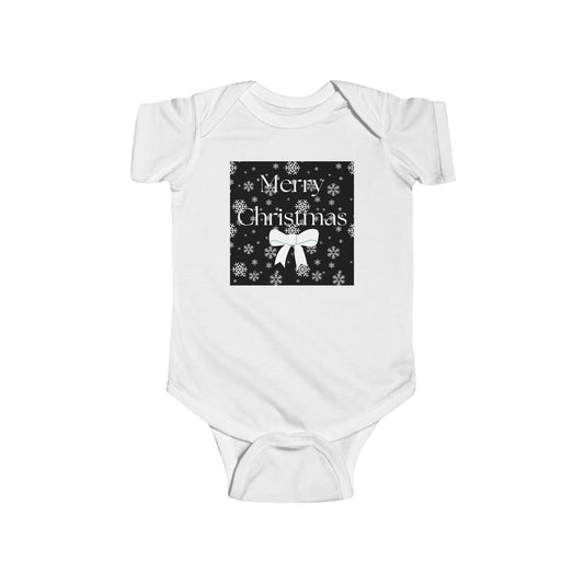 Infant Fine Jersey Bodysuit/Merry Christmas/White Bow /Black/BG/Snowflakes