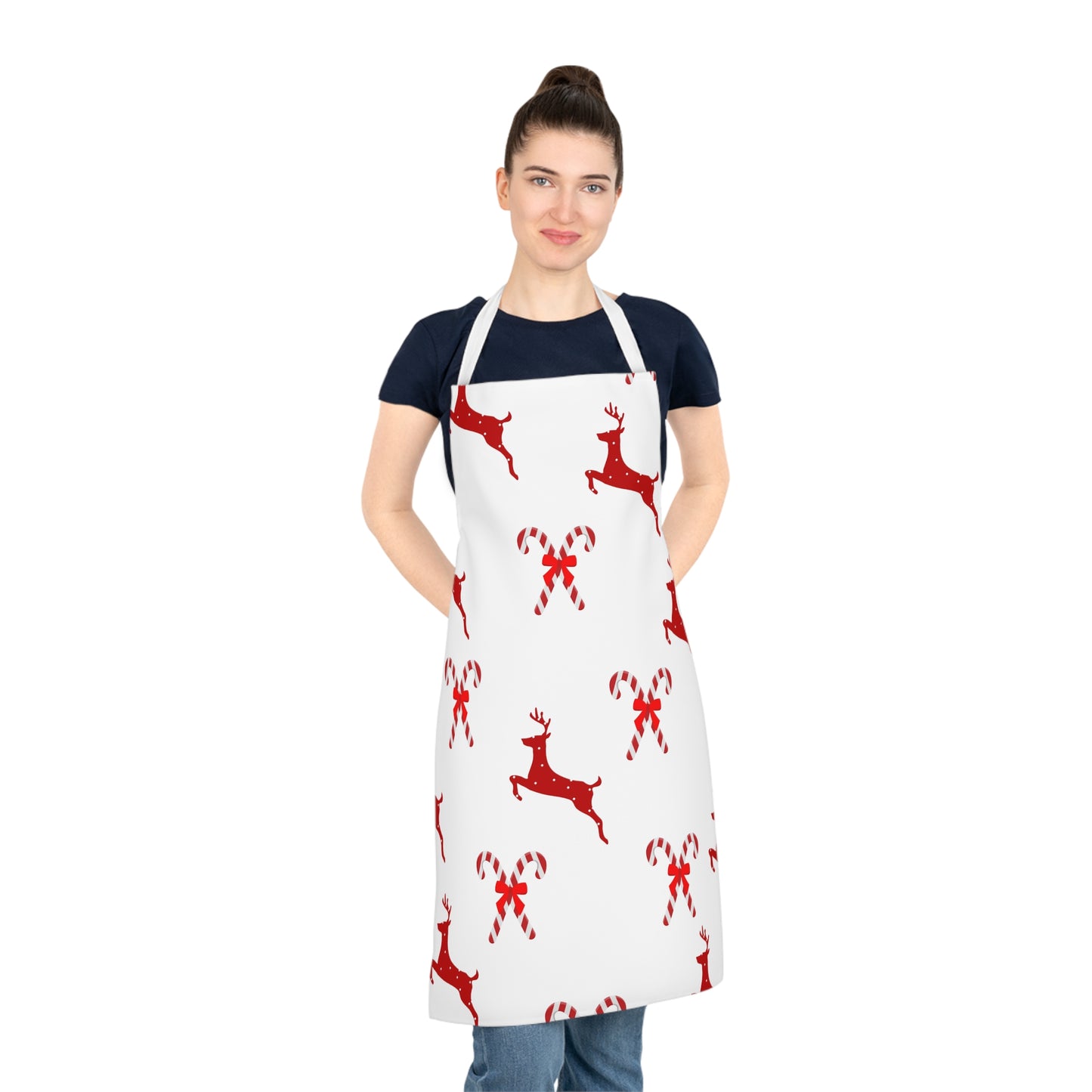 Adult Apron (AOP)/Red Poke a Dot Reindeer/Candy Canes/Holiday/White