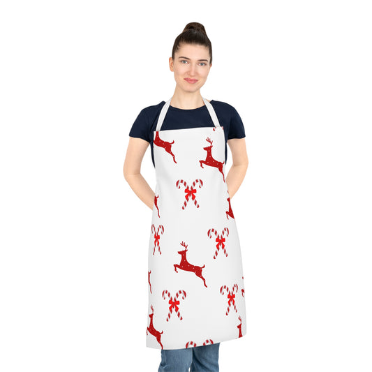 Adult Apron (AOP)/Red Poke a Dot Reindeer/Candy Canes/Holiday/White