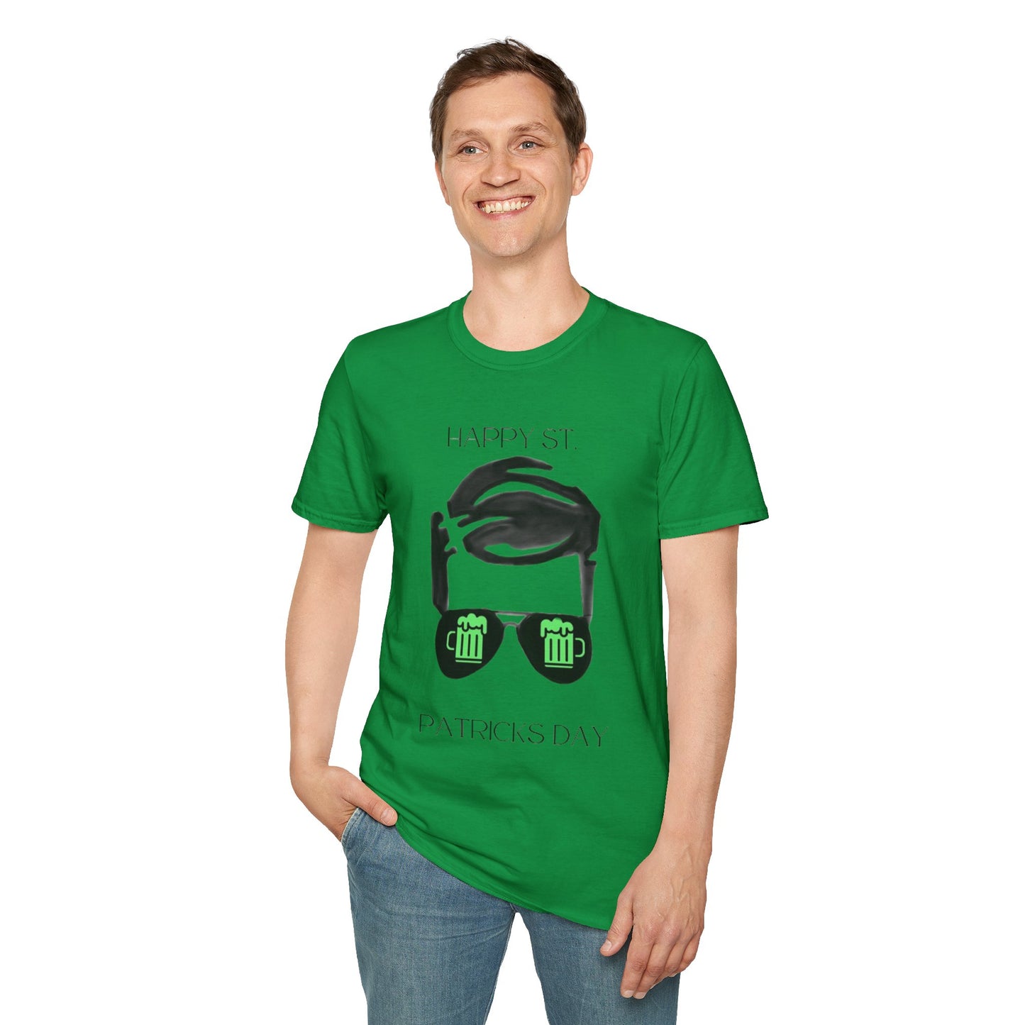 Unisex Softstyle T-Shirt/ Happy St Patrick's Day/Man/Black Glasses/Green Beer