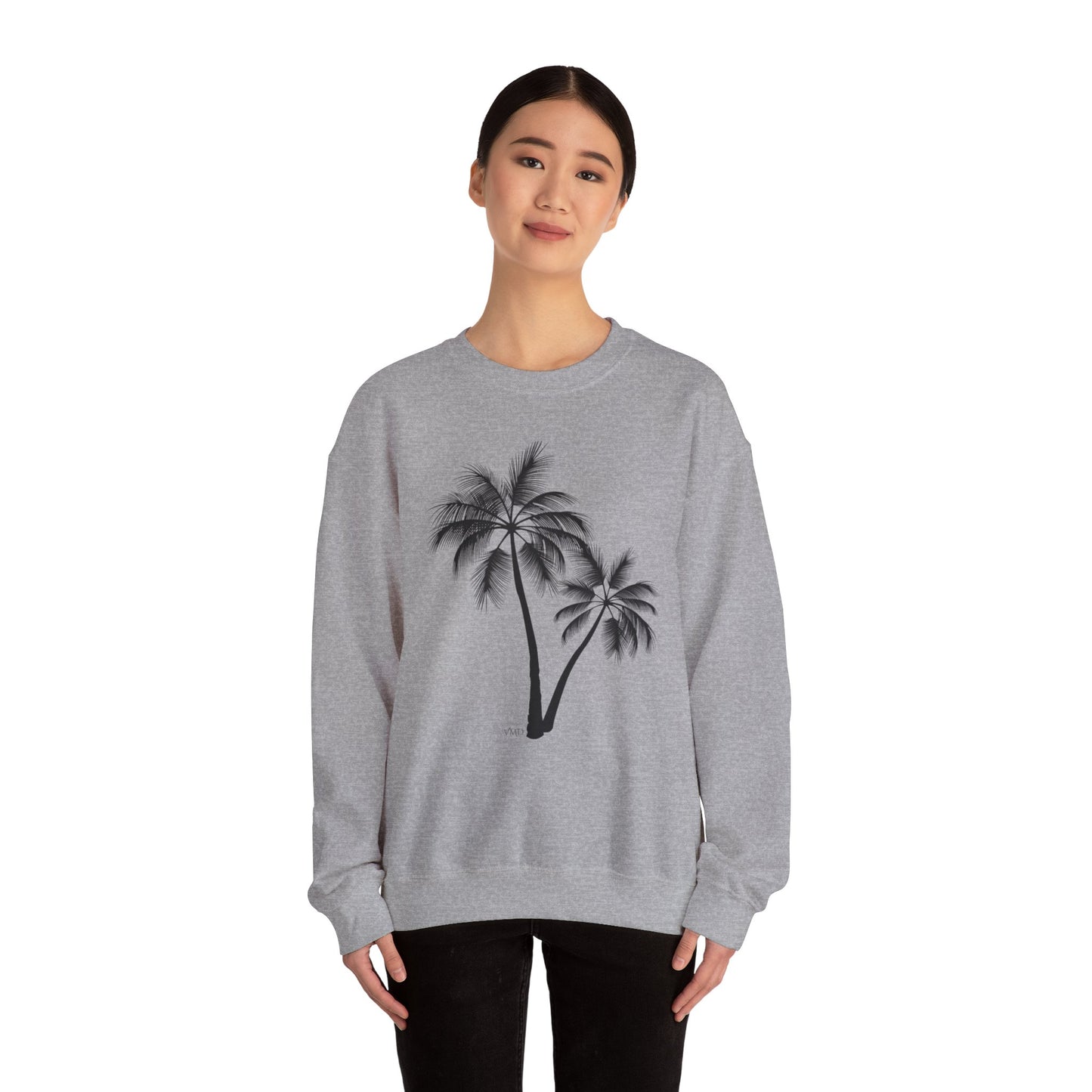 Womans Heavy Blend™ Crewneck Sweatshirt/2 Palm Trees/Black/White