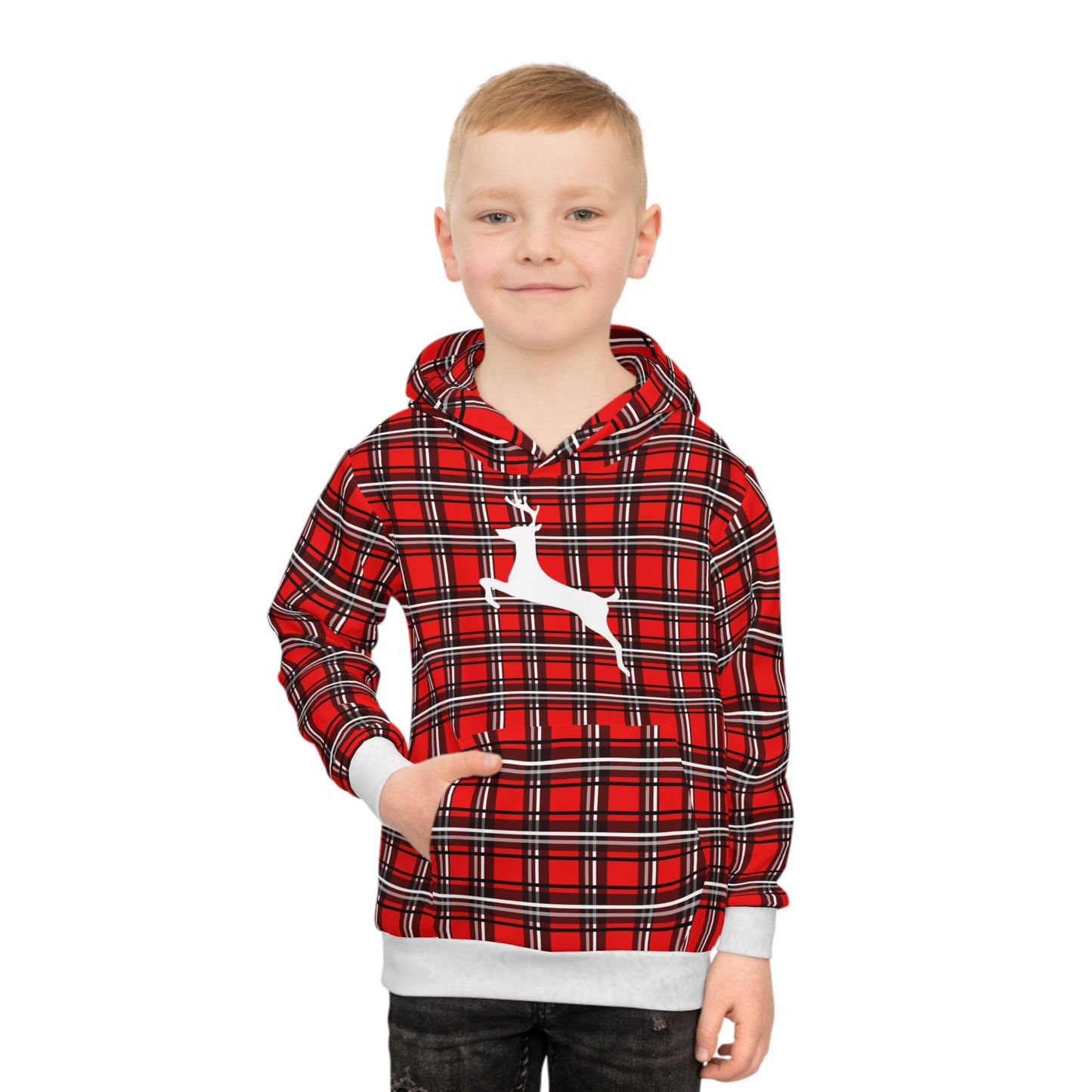 Children's Hoodie (AOP) / White Reindeer/Red/Black/Plaid/Holiday