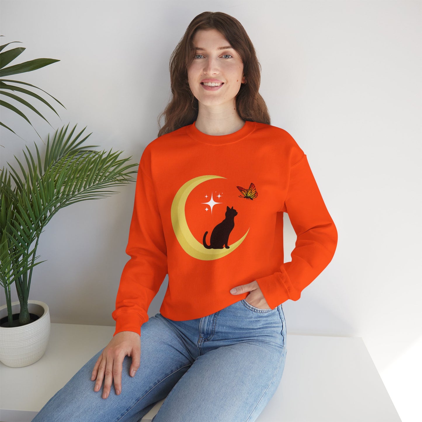 Woman's Heavy Blend™ Crewneck Sweatshirt/ Cat on the moon/White Star/Fall