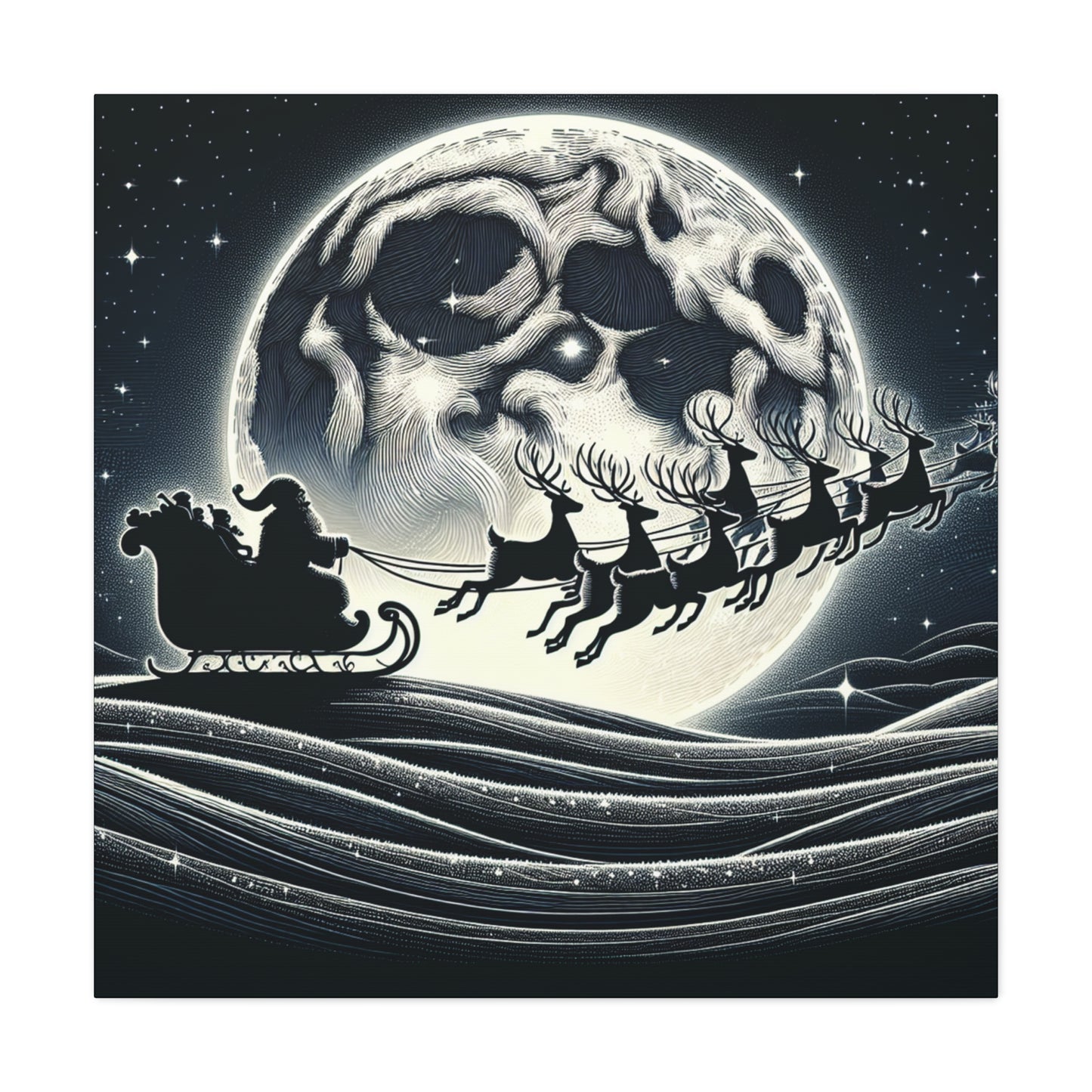 Matte Canvas, Stretched, 1.25"/Santa and His Flying Reindeer/Moon BG