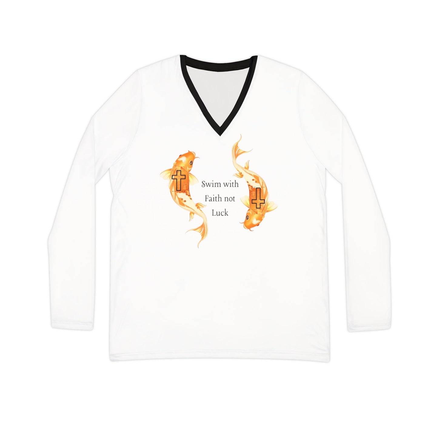 Women's Long Sleeve V-neck Shirt (AOP)/ Swim with faith not luck/koi fish/White