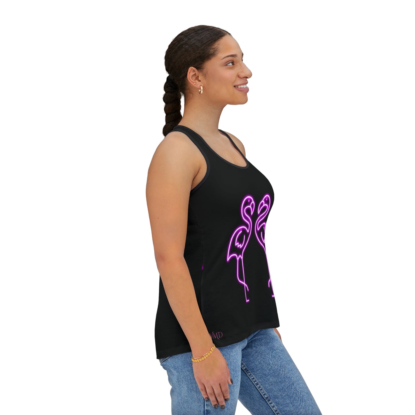 Women's Tank Top (AOP)/Black or white seams/Neon Pink Flamingos