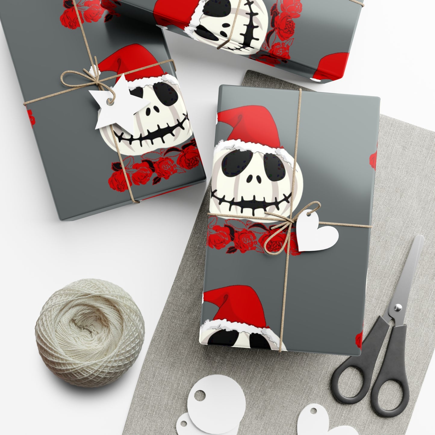 Holiday Gift Wrap Papers/White Jack O Lantern Red Santa Hat/Red Roses/Dark Gray