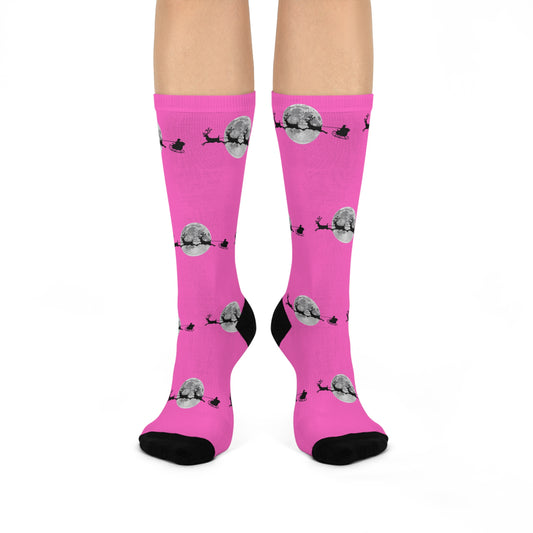 Cushioned Crew Socks/ Pink/Santa flying across the moon/ Silhouette