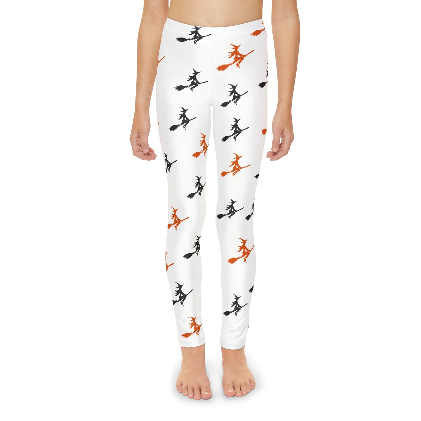 Youth Full-Length Leggings (AOP)/Witches on a Broom/Orange/Black