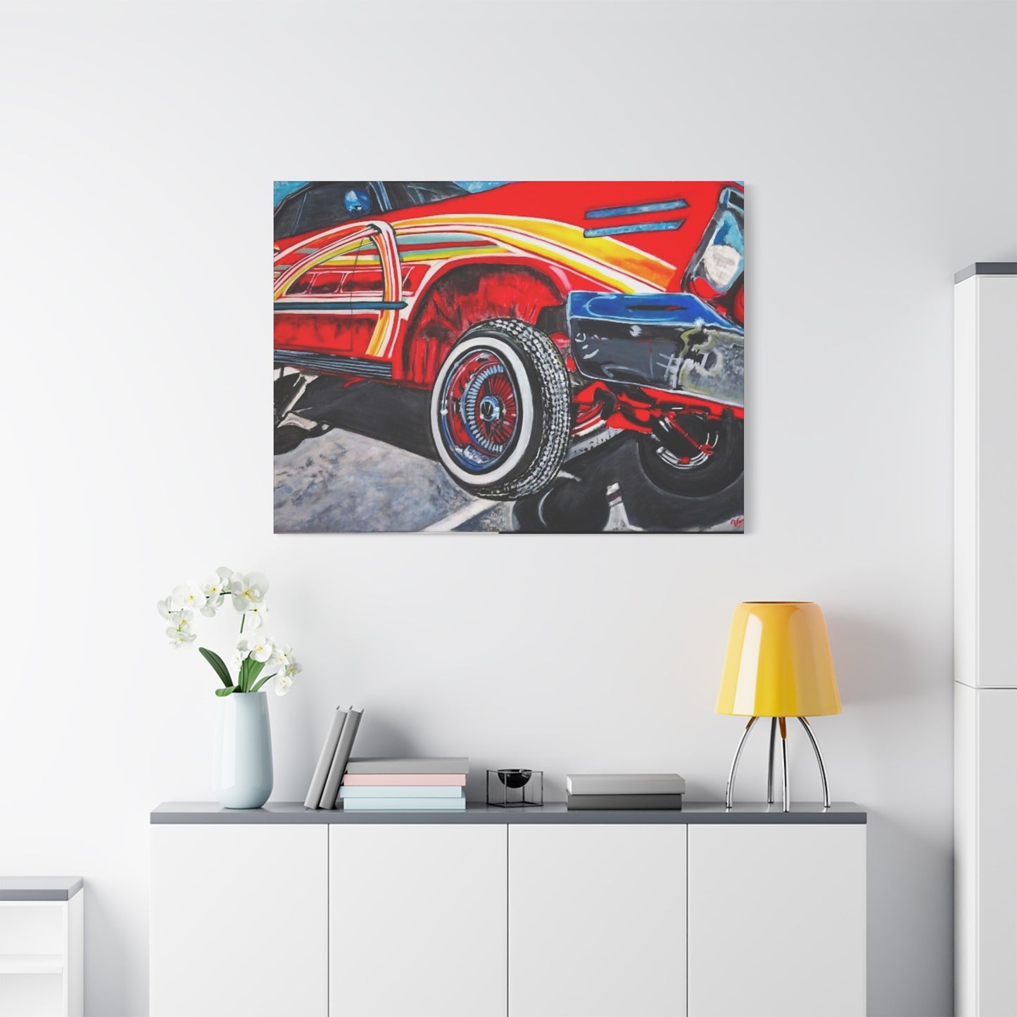 Matte Canvas, Stretched, 1.25" /Acrylic Painted Print/Red Lowrider on Hydraulics