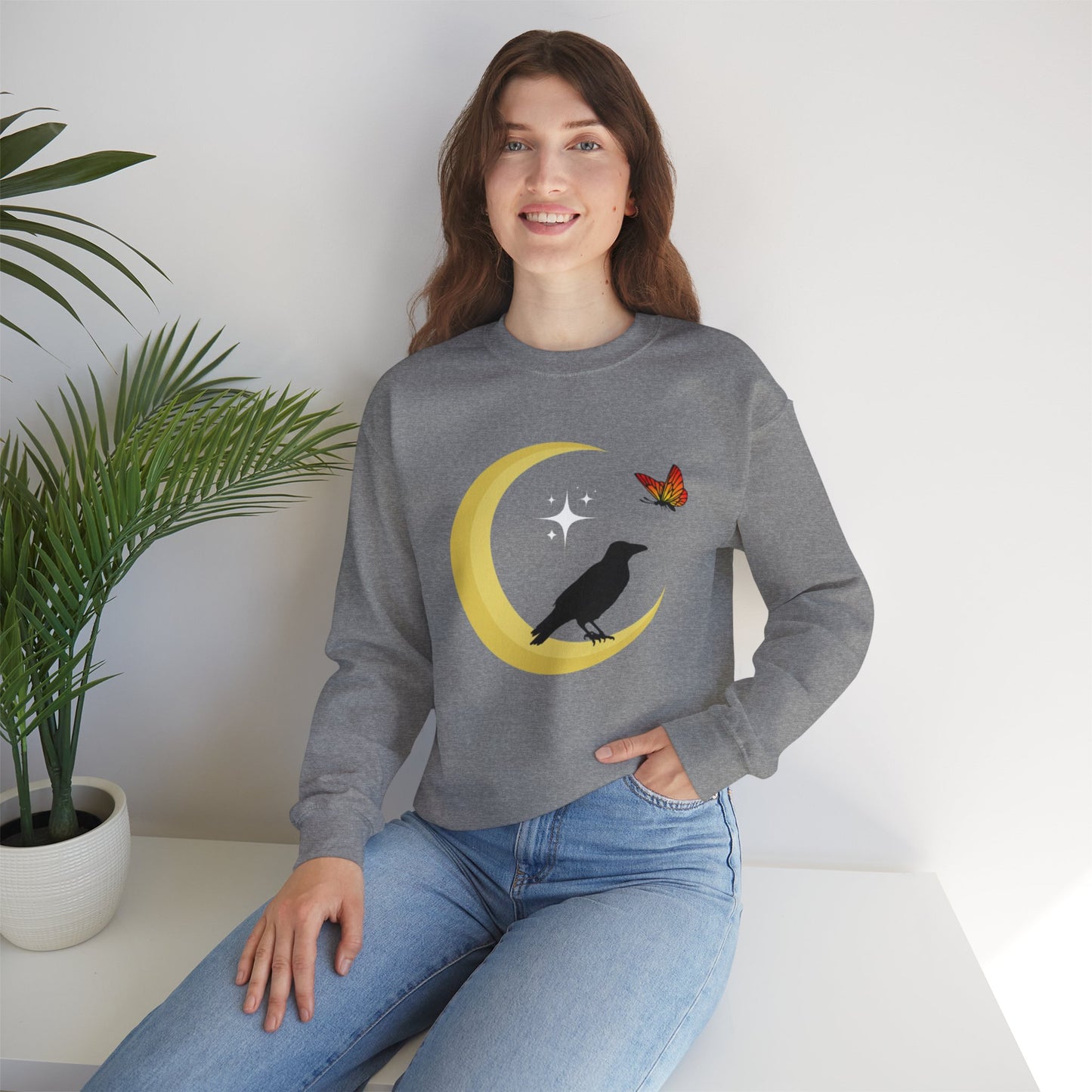 Woman's Heavy Blend™ Crewneck Sweatshirt/ Crow on the moon/White star/Fall