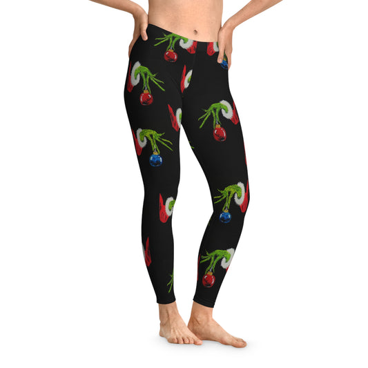 Womans Stretchy Leggings (AOP)/Black/Grinch hands/Bulbs/Red/Blue