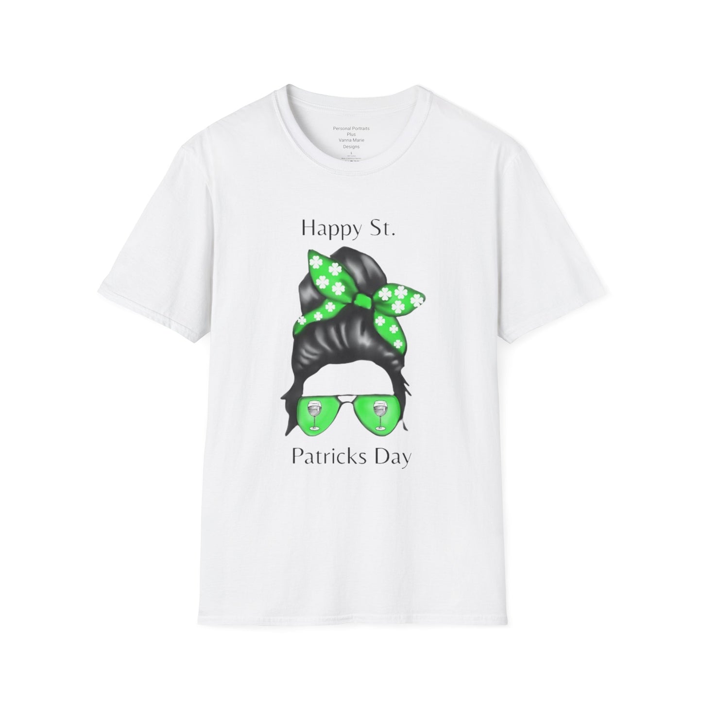 Unisex Softstyle T-Shirt/Happy St. Patricks Day/ Woman/ Brunette/ Green Glasses/Wine Glass