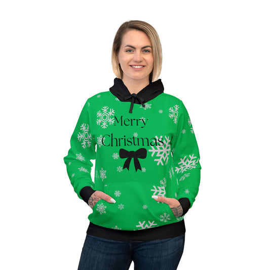 Woman's Athletic Hoodie (AOP)/Green/Merry Christmas/Black Bow/Snowflakes