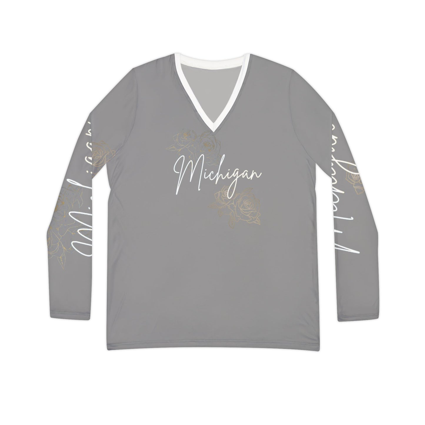 Women's Long Sleeve V-neck Shirt (AOP)/ Michigan/ Gray/white