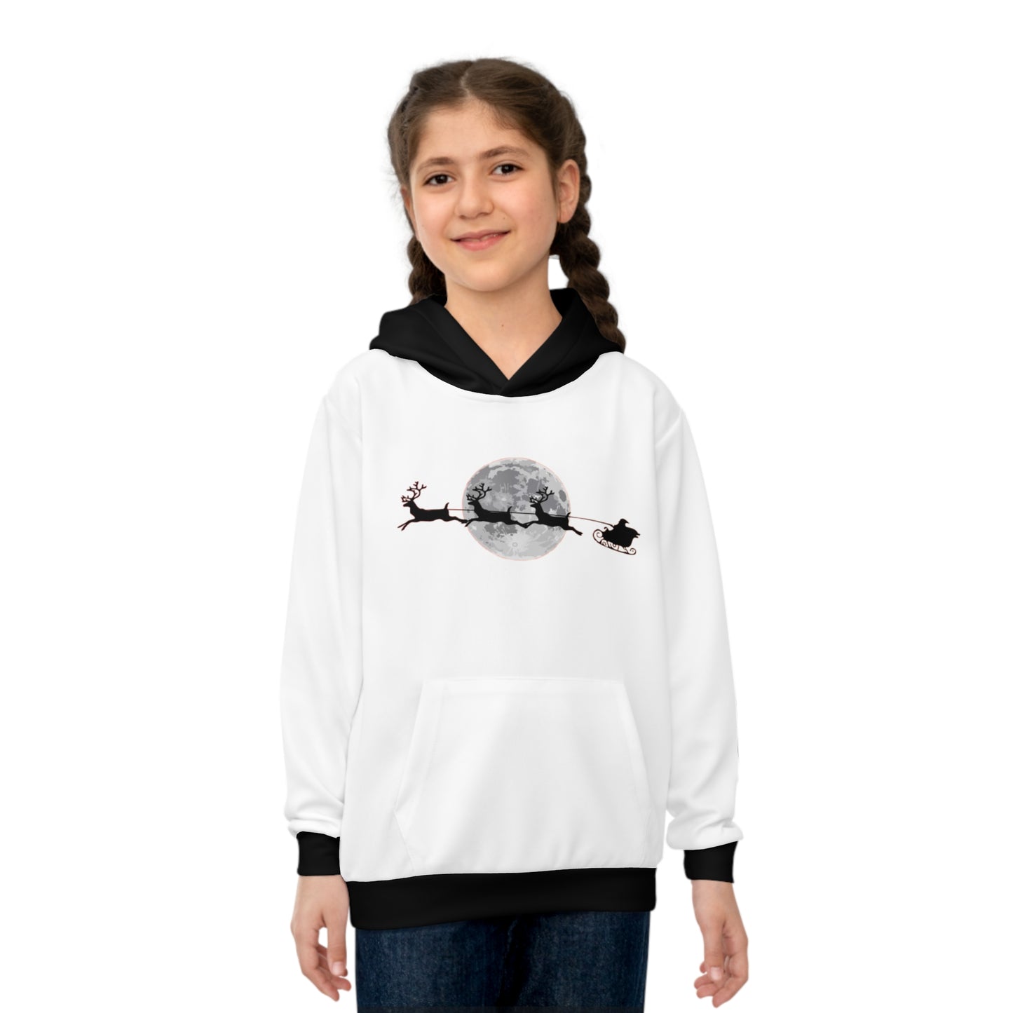 Children's Hoodie (AOP) Santa Flying Across the moon/ Text down the arm/ Merry Christmas