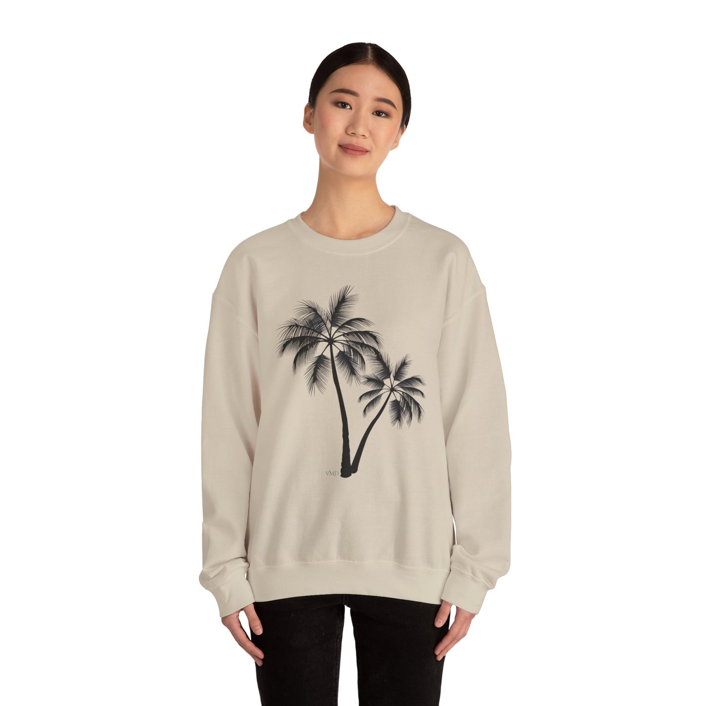 Womans Heavy Blend™ Crewneck Sweatshirt/2 Palm Trees/Black/White