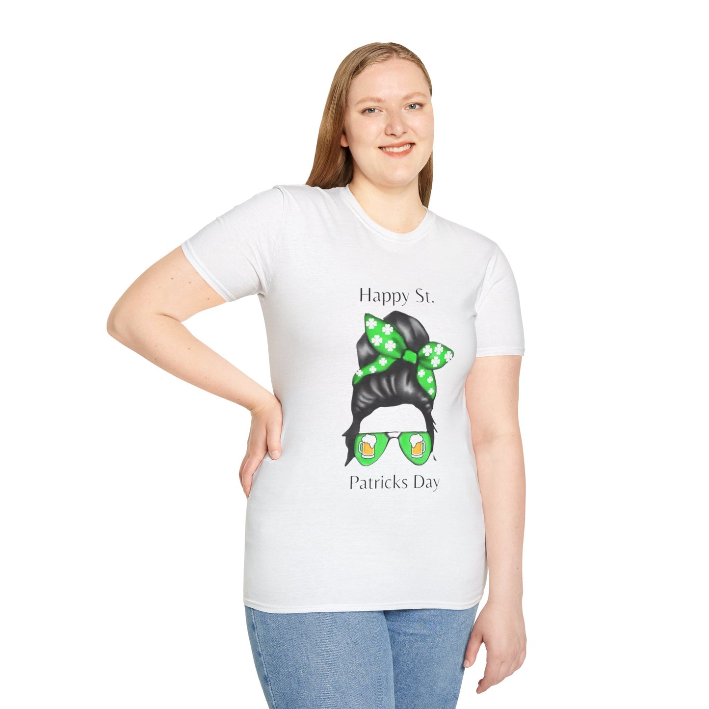 Unisex Softstyle T-Shirt/Happy St. Patrick's Day/ Woman/ Brunette/ Green Glasses/Golden Beer