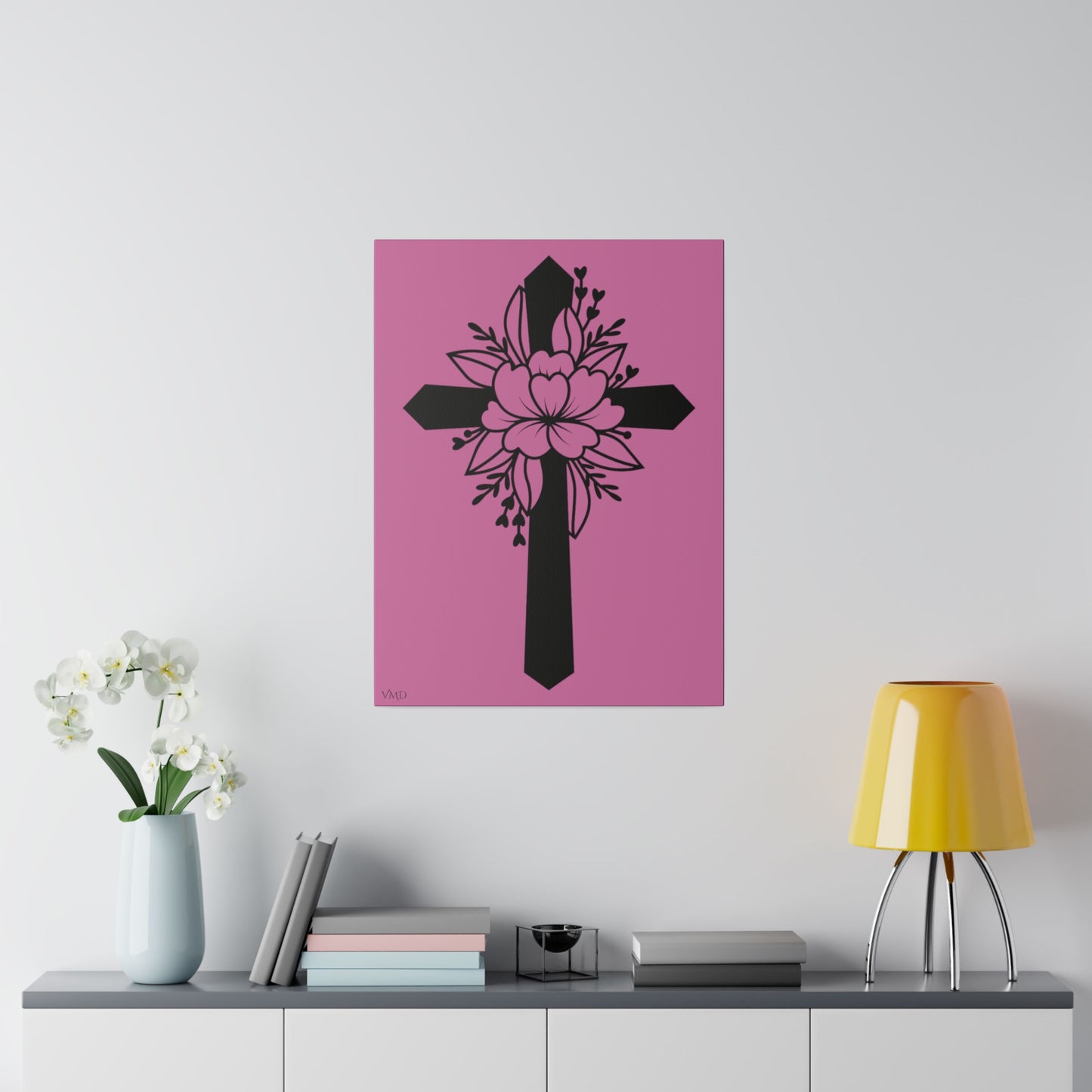 Digital Portrait Print, 0.75"/Floral Cross/Pink BG