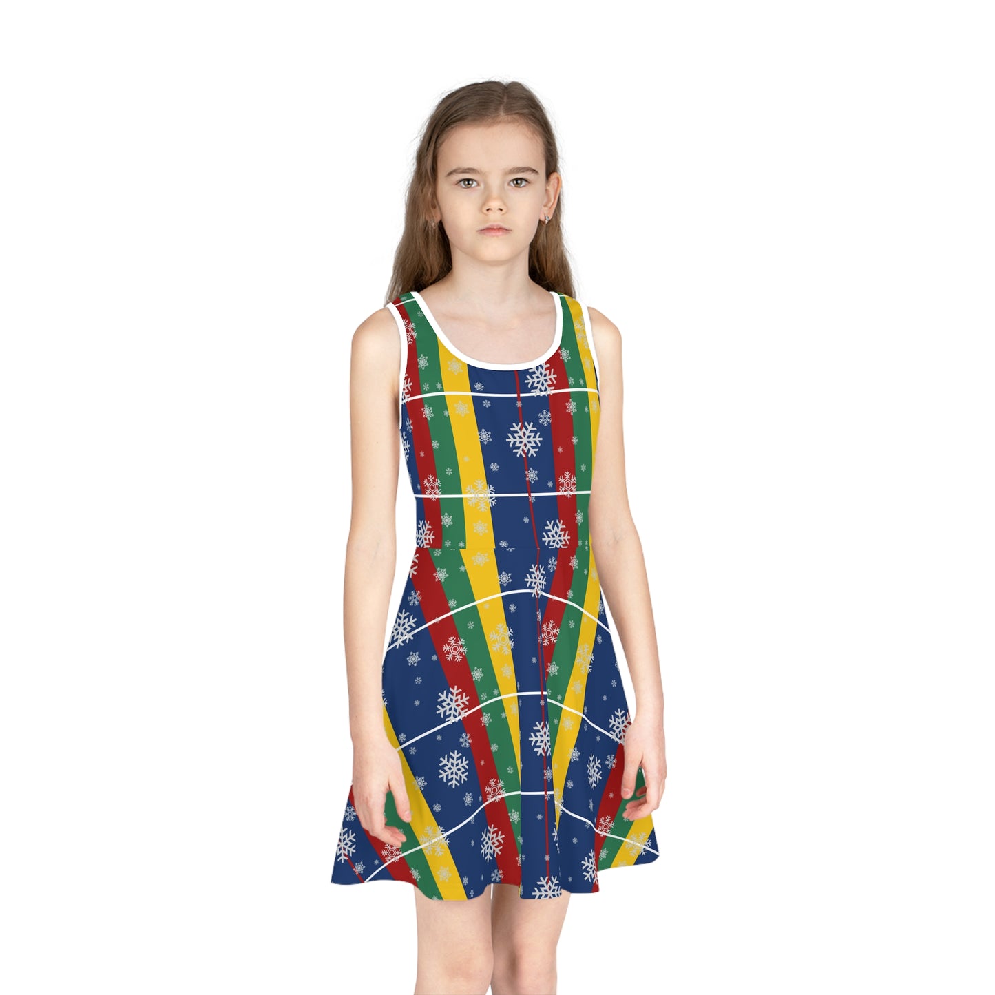 Girls' Sleeveless Sundress (AOP)/Holiday/Blue /Red /Green/ Yellow/ Plaid/ White Snowflakes