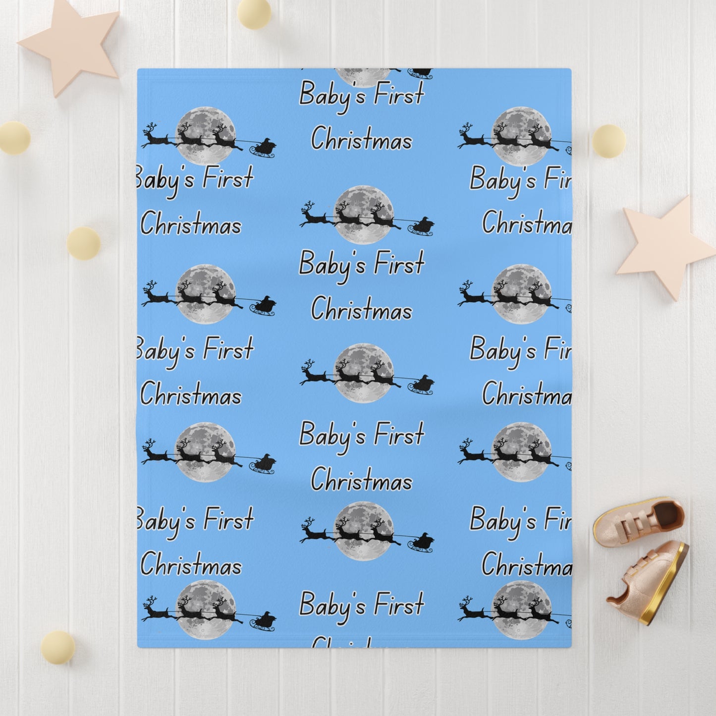 Soft Fleece Baby Blanket/ Baby's first Christmas/Santa flying across the moon Silhouette/ Blue