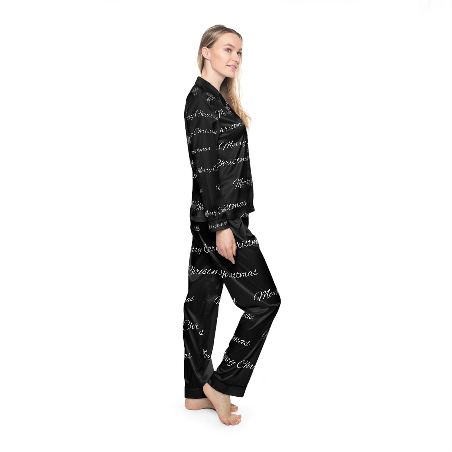 Women's Satin Pajamas (AOP)/ Merry Christmas/Black /White