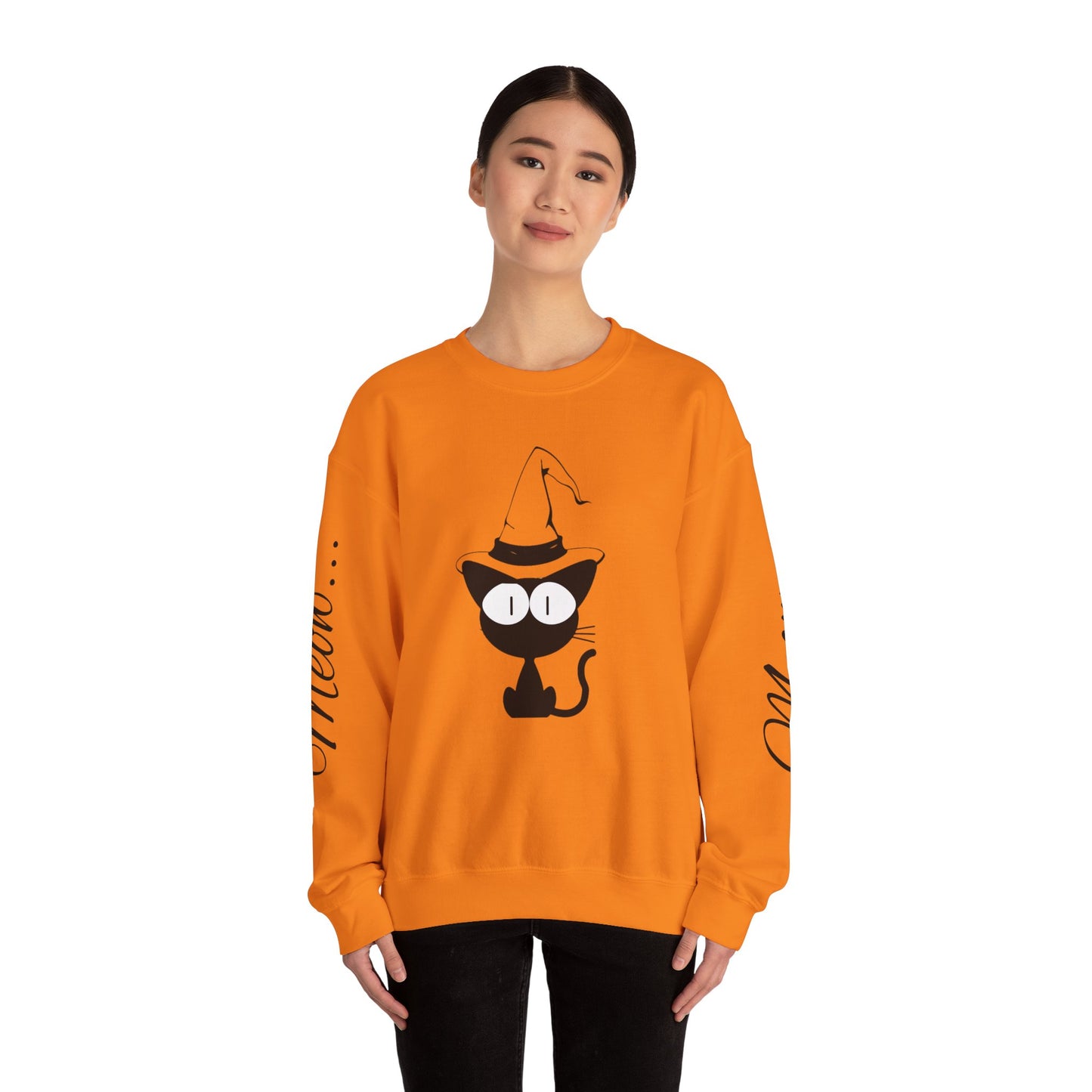 Womans Heavy Blend™ Crewneck Sweatshirt/Cat in a Hat/Holiday/Text down the Arm