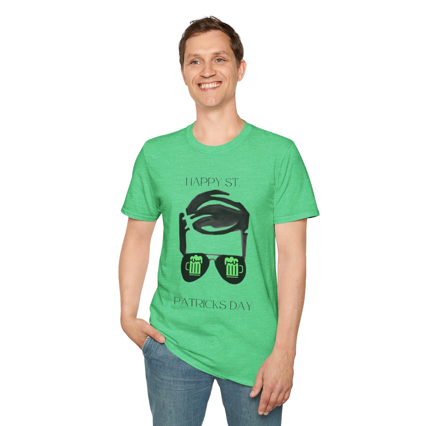 Unisex Softstyle T-Shirt/ Happy St Patrick's Day/Man/Black Glasses/Green Beer