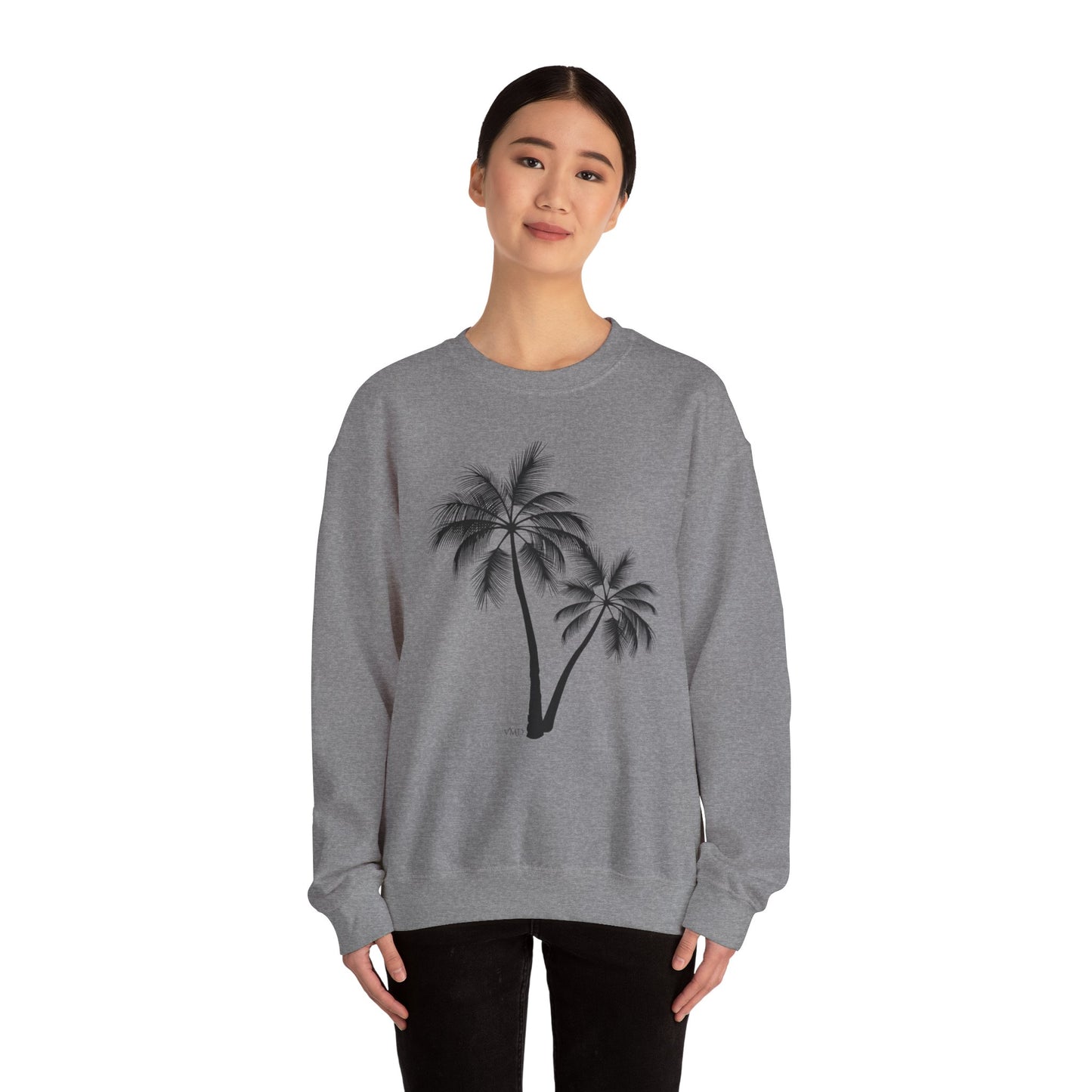 Womans Heavy Blend™ Crewneck Sweatshirt/2 Palm Trees/Black/White