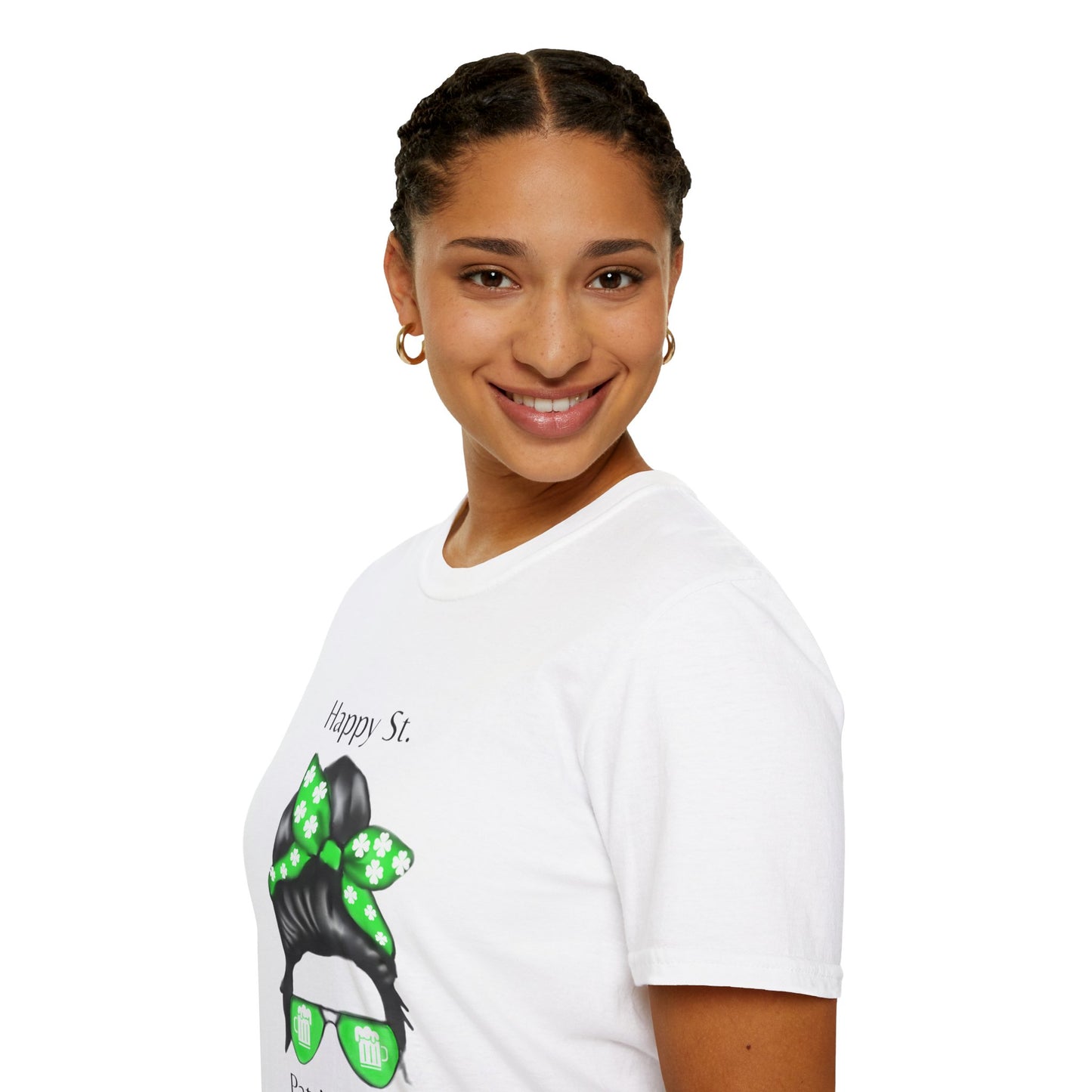 Unisex Softstyle T-Shirt/Happy St. Patricks Day/ Woman/ Brunette/ Green Glasses/White Beer