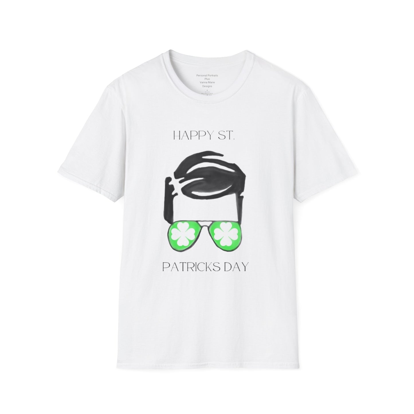 Unisex Softstyle T-Shirt/Happy St. Patrick's Day/ Man/ Brunette/ Green Glasses/White Clovers