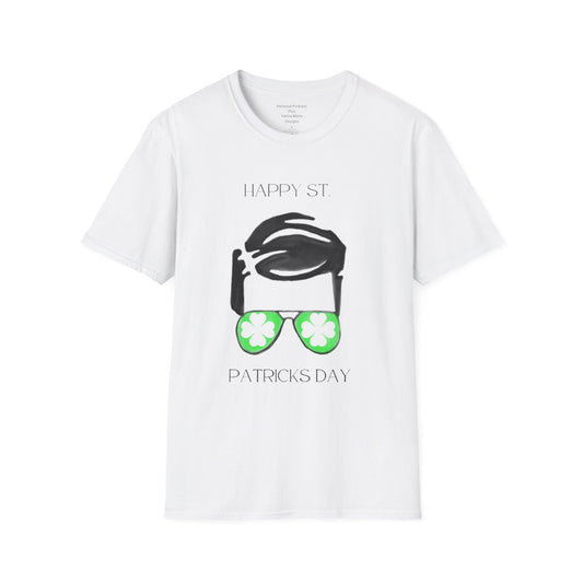 Unisex Softstyle T-Shirt/Happy St. Patrick's Day/ Man/ Brunette/ Green Glasses/White Clovers