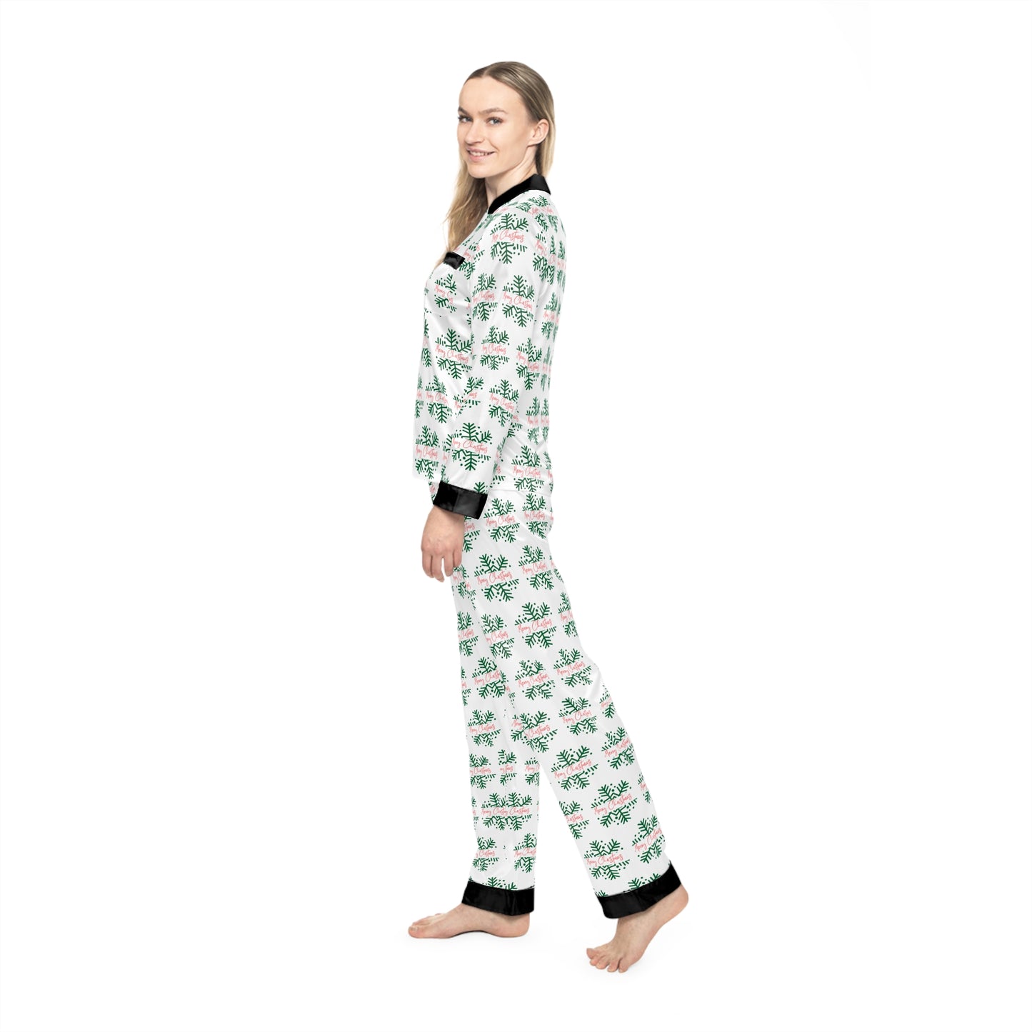 Women's Satin Holiday Pajamas (AOP)/ Merry Christmas Red/Green/Black collar and cuffs