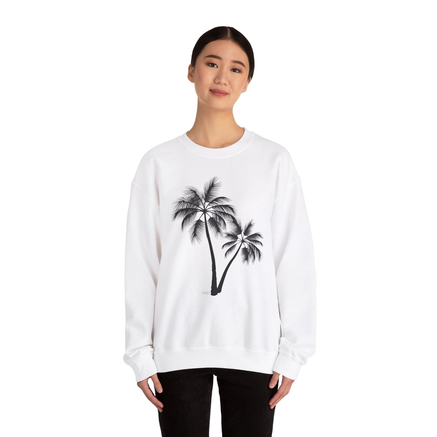 Womans Heavy Blend™ Crewneck Sweatshirt/2 Palm Trees/Black/White