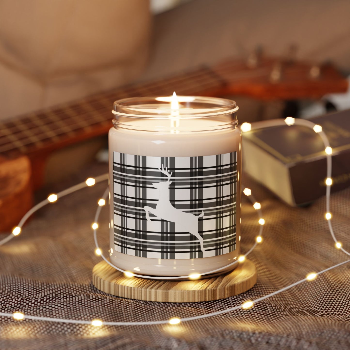 Scented Soy Candle, 9oz/Holiday/Black and White Plaid BG/White Reindeer