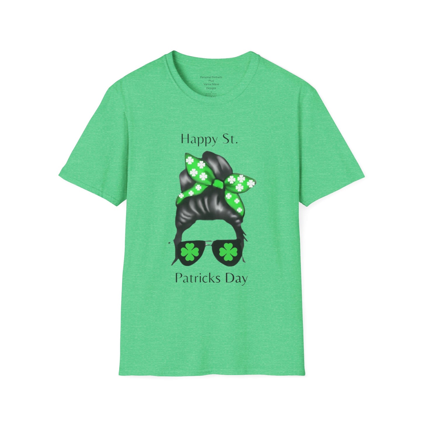 Unisex Softstyle T-Shirt/Happy St. Patricks' Day/ Woman/ Brunette/ Black Glasses/Green Clovers