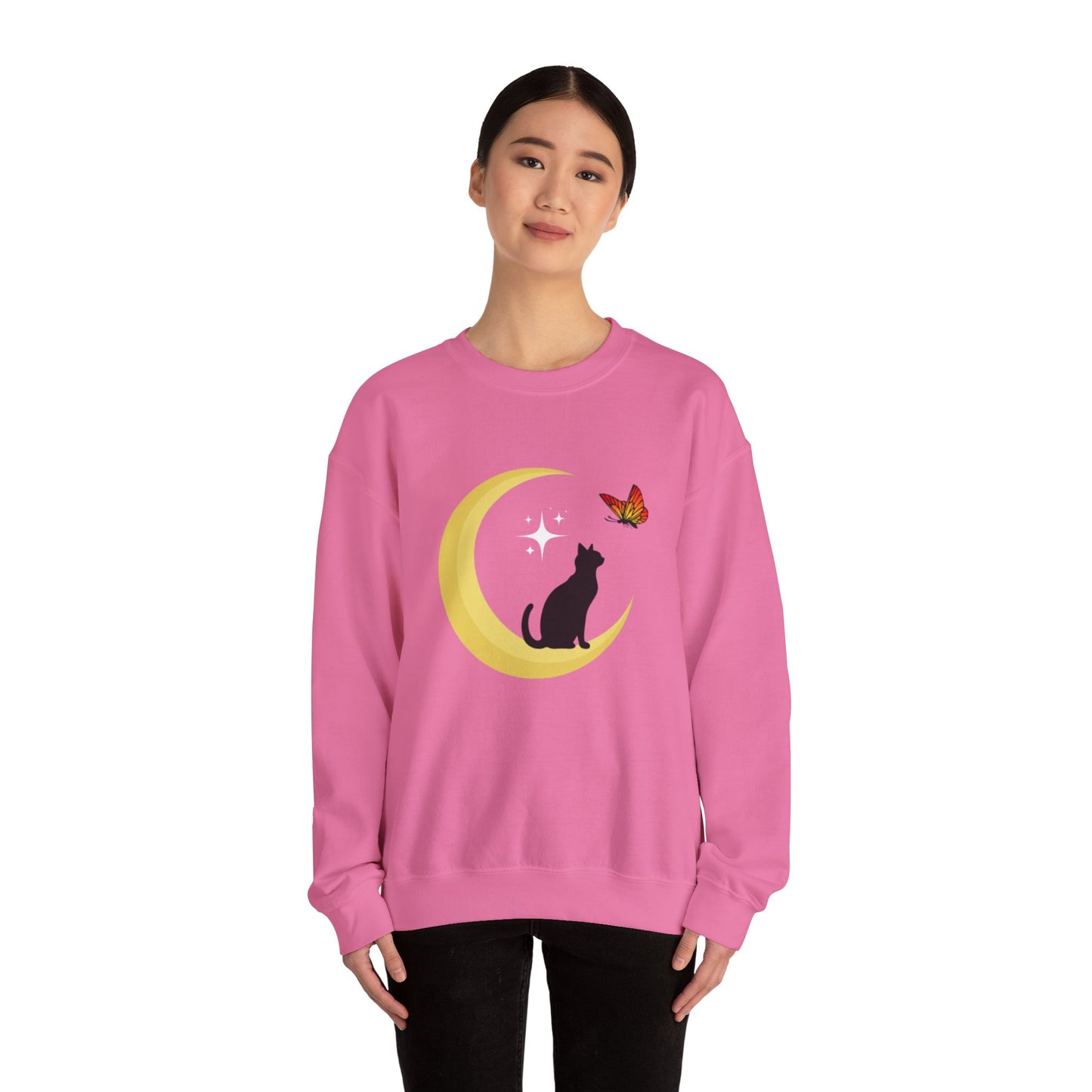 Woman's Heavy Blend™ Crewneck Sweatshirt/ Cat on the moon/White Star/Fall