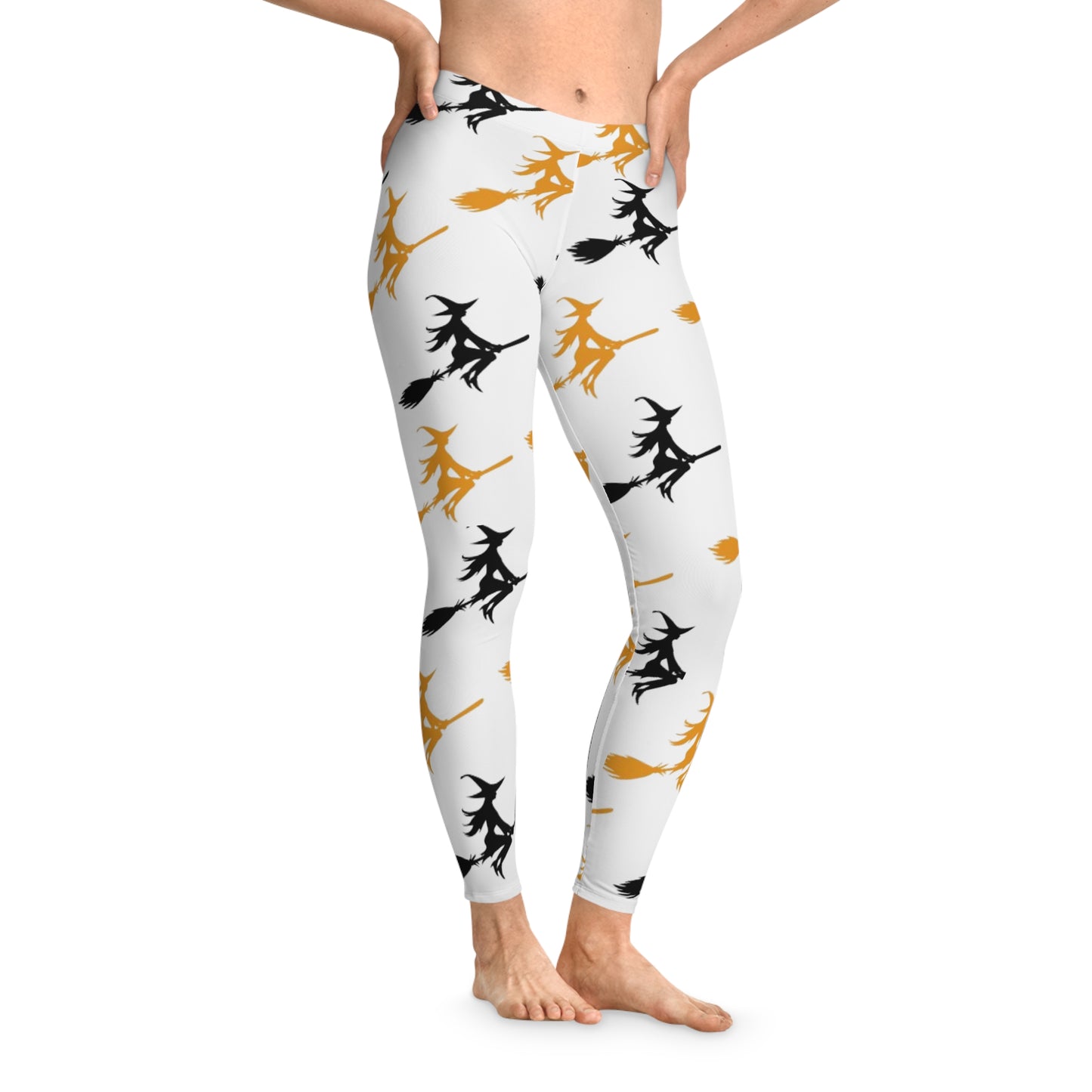 Womans Stretchy Leggings (AOP)/Witch's on a Broom/Orange/Black