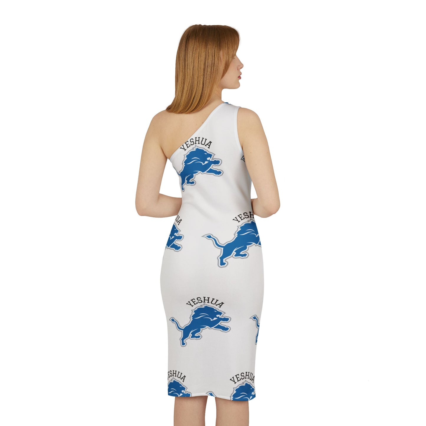 Woman's Shoulder Dress (AOP)Yeshua/Blue/White/Lion