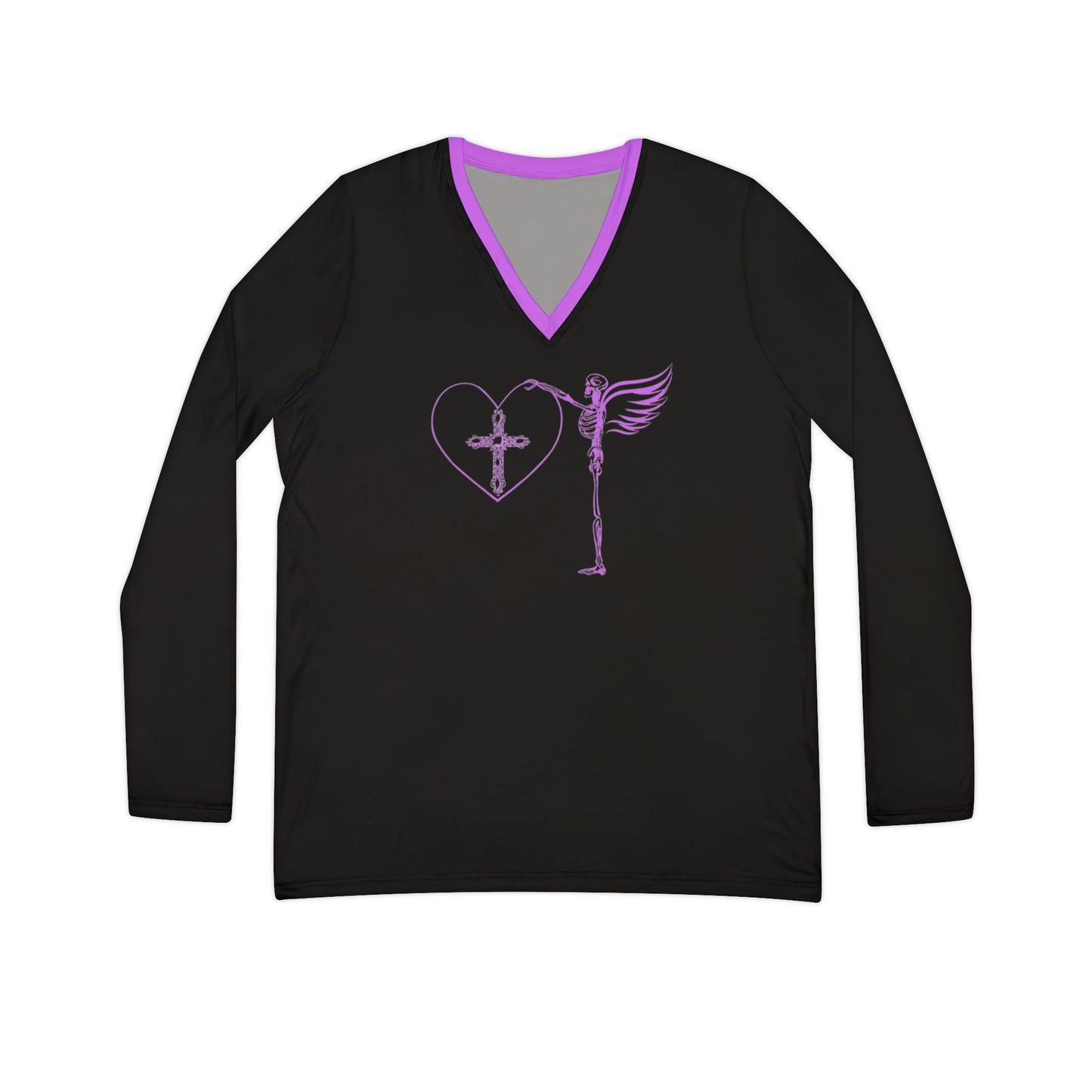 Women's Long Sleeve V-neck Shirt (AOP)/ Skeleton Angel/Purple