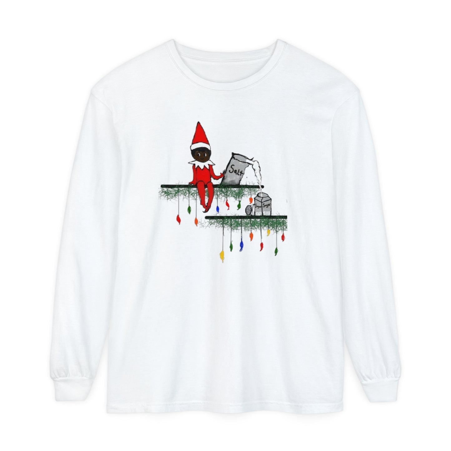 Men's Garment-dyed Long Sleeve T-Shirt/Holiday Funny/African American elf on the shelf/ Salt in the Sugar