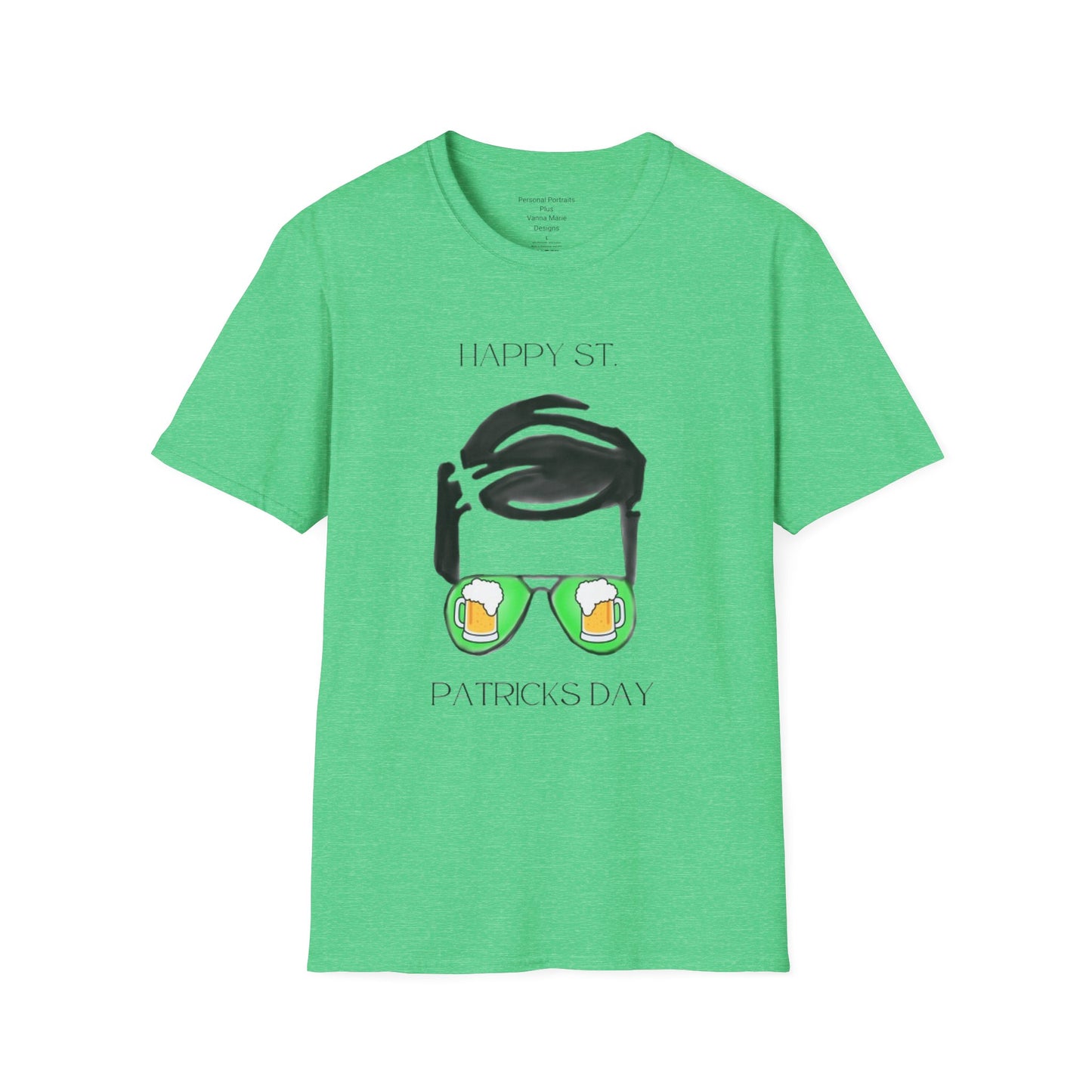 Unisex Softstyle T-Shirt/Happy St. Patrick's Day/ Man/ Brunette/ Green Glasses/ Golden Beer