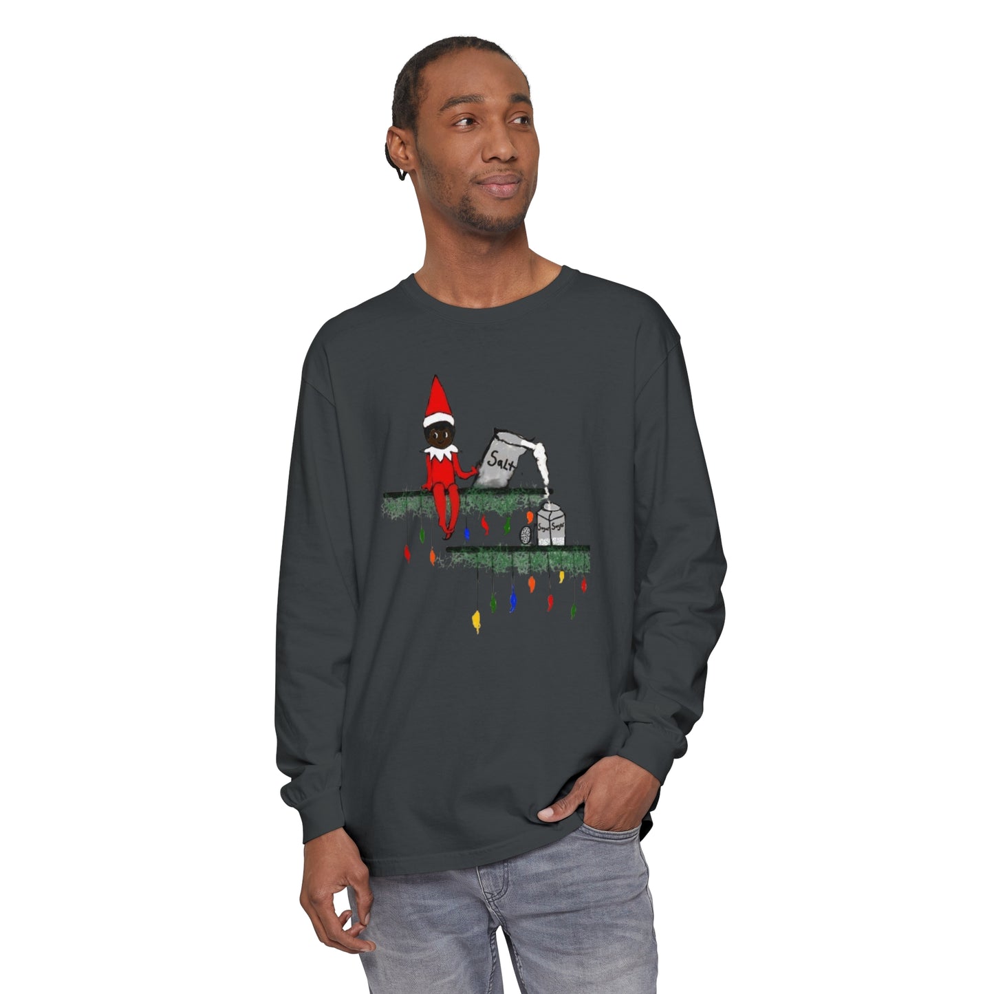 Men's Garment-dyed Long Sleeve T-Shirt/Holiday Funny/African American elf on the shelf/ Salt in the Sugar