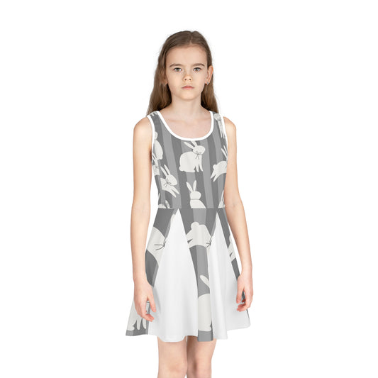 Girls' Sleeveless Easter/Sundress (AOP)/Bunnies/White/Grey Background