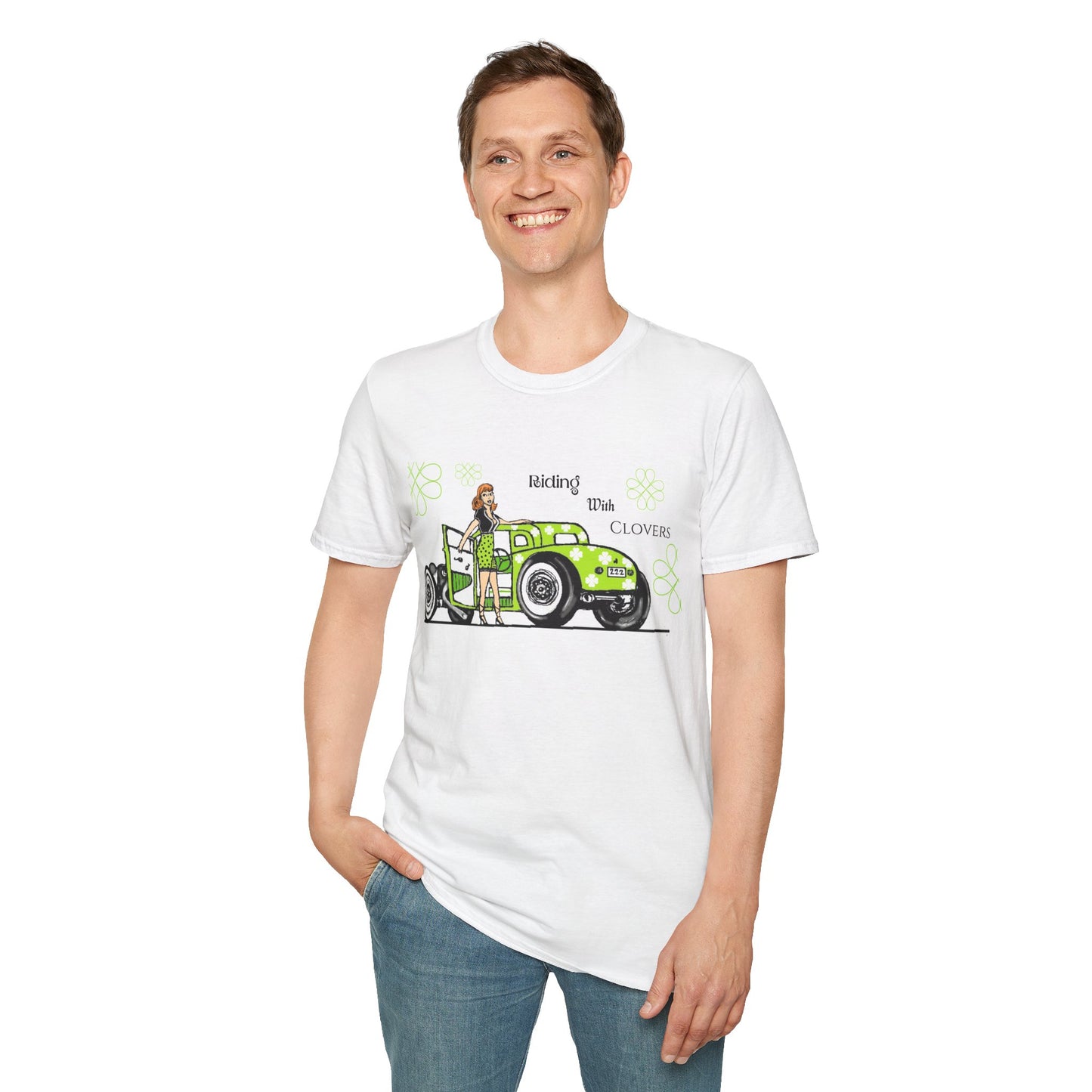 Unisex Softstyle T-Shirt Riding with clovers/ Redhead