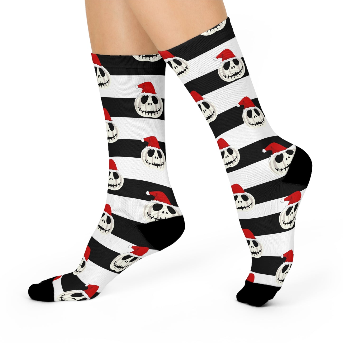 Cushioned Crew Socks Black and white Stripes/ White jack o lantern/Santa Hat