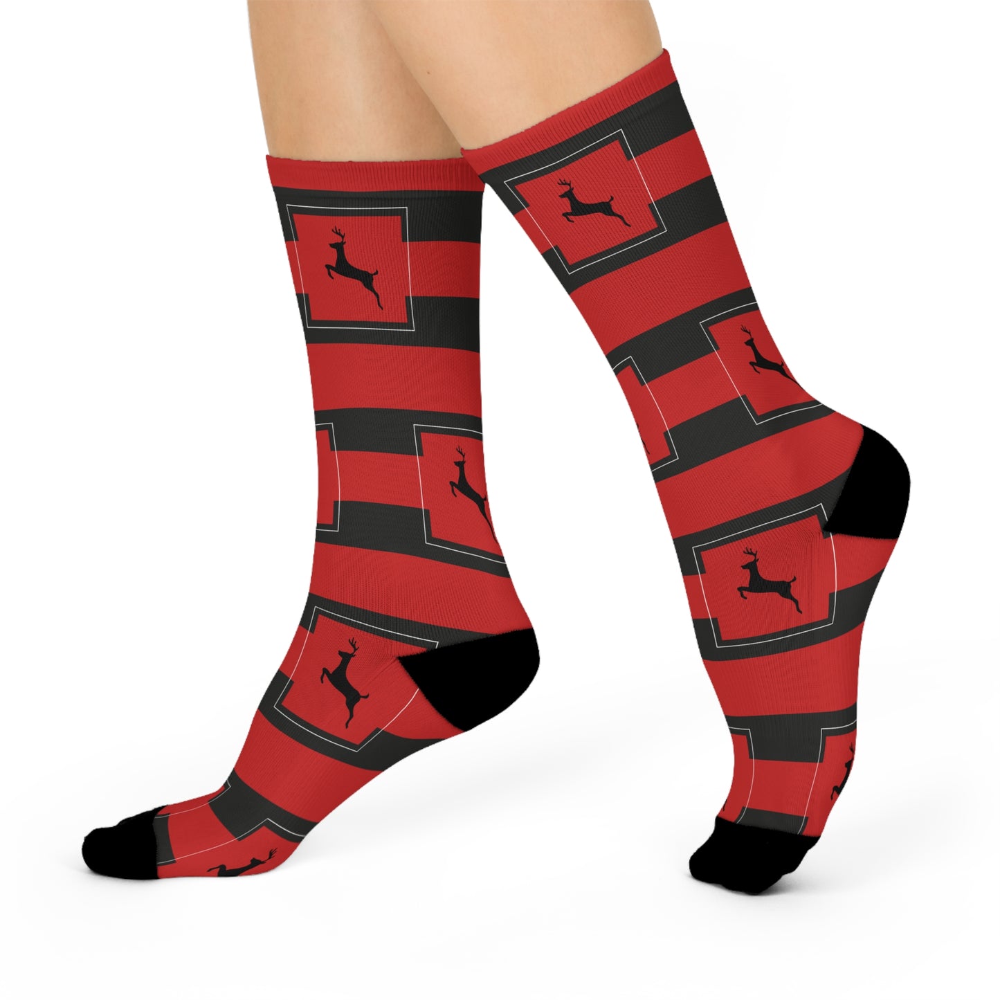 Cushioned Crew Socks Holiday/Reindeer/Black/Red striped