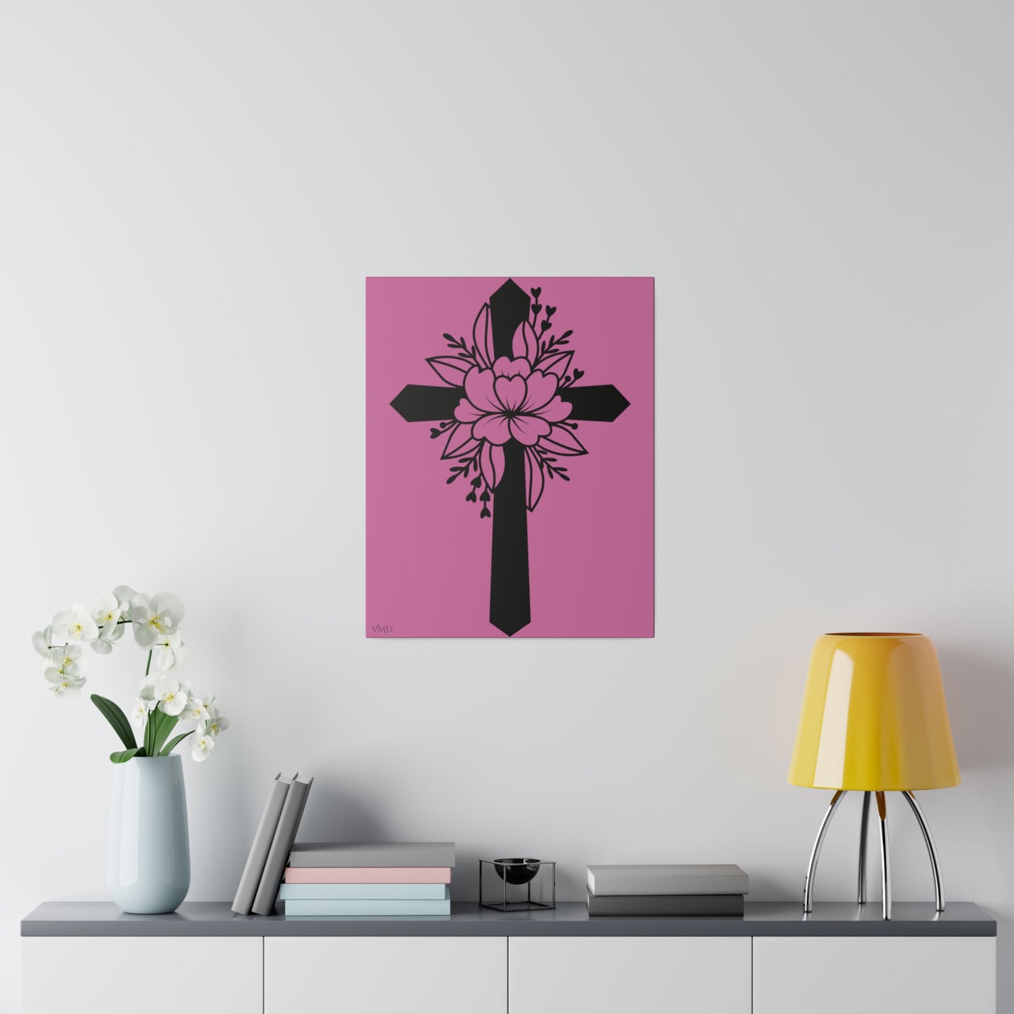 Digital Portrait Print, 0.75"/Floral Cross/Pink BG