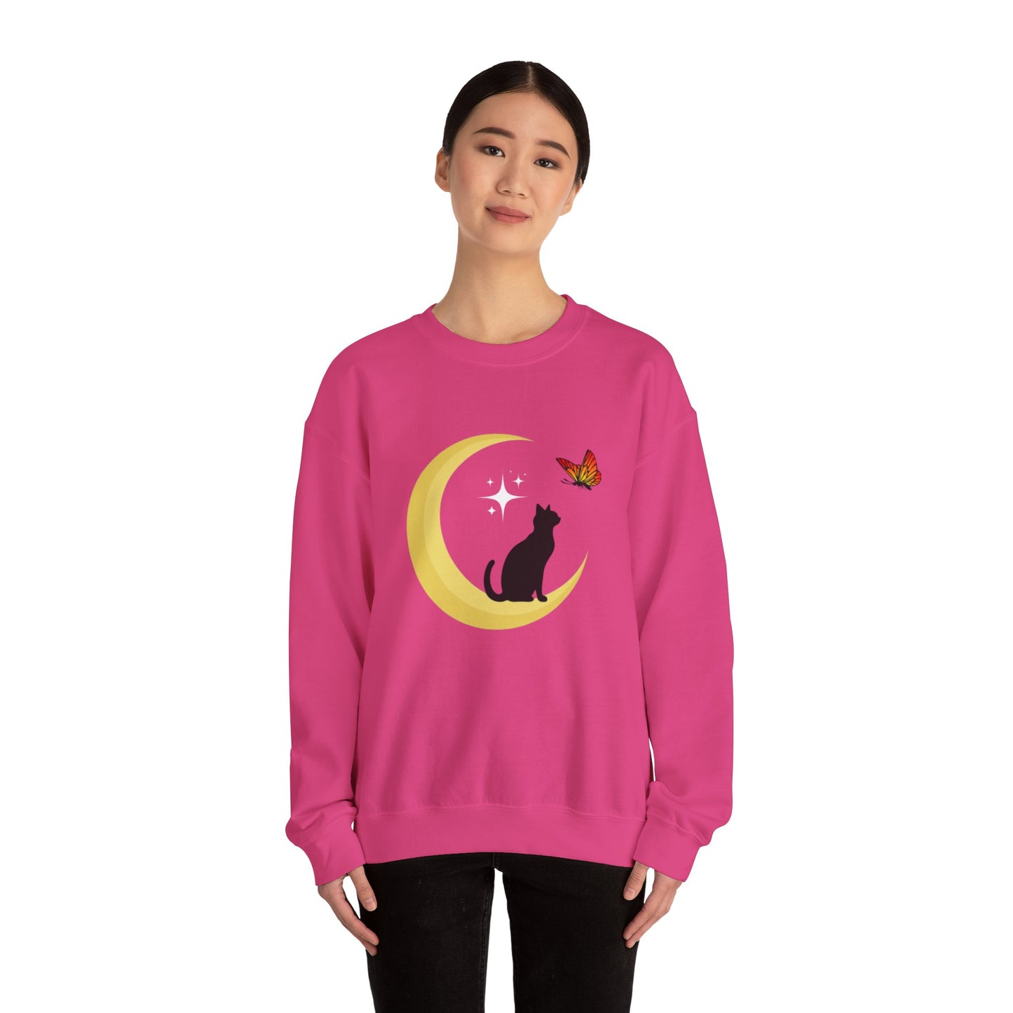 Woman's Heavy Blend™ Crewneck Sweatshirt/ Cat on the moon/White Star/Fall