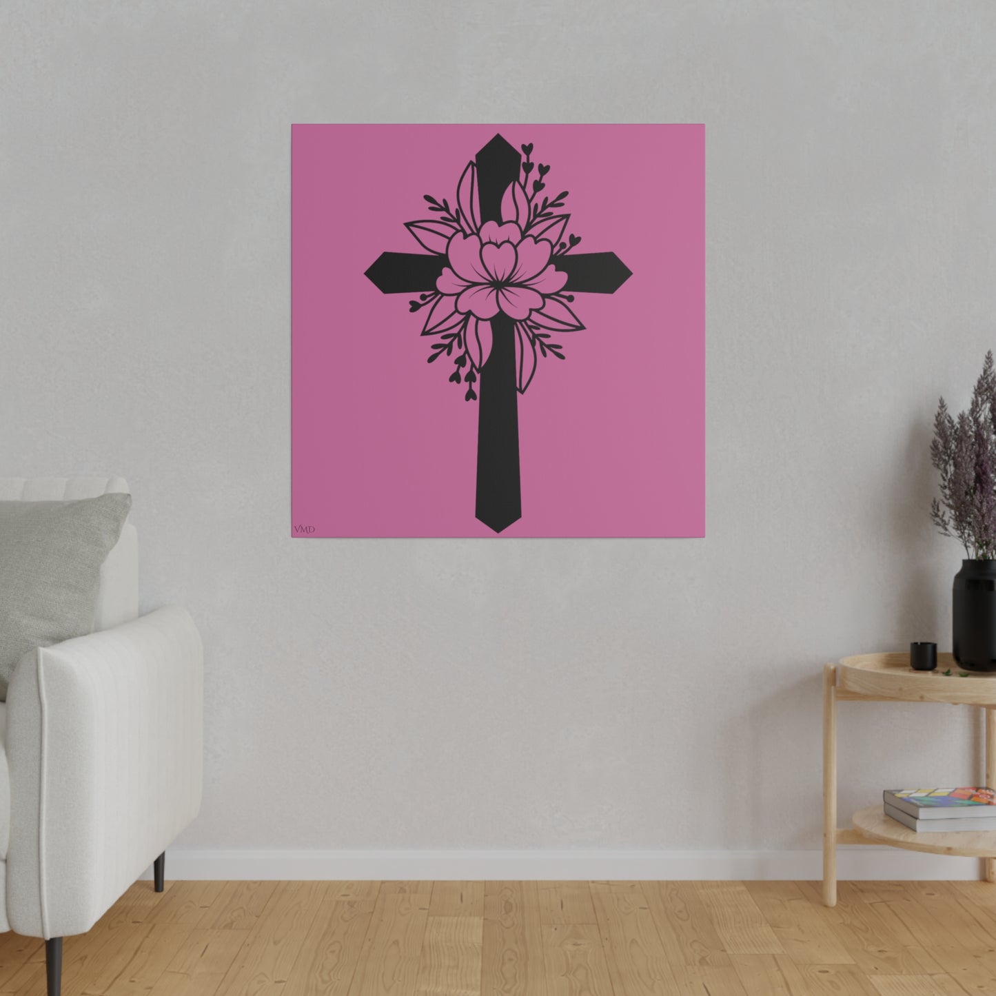 Digital Portrait Print, 0.75"/Floral Cross/Pink BG